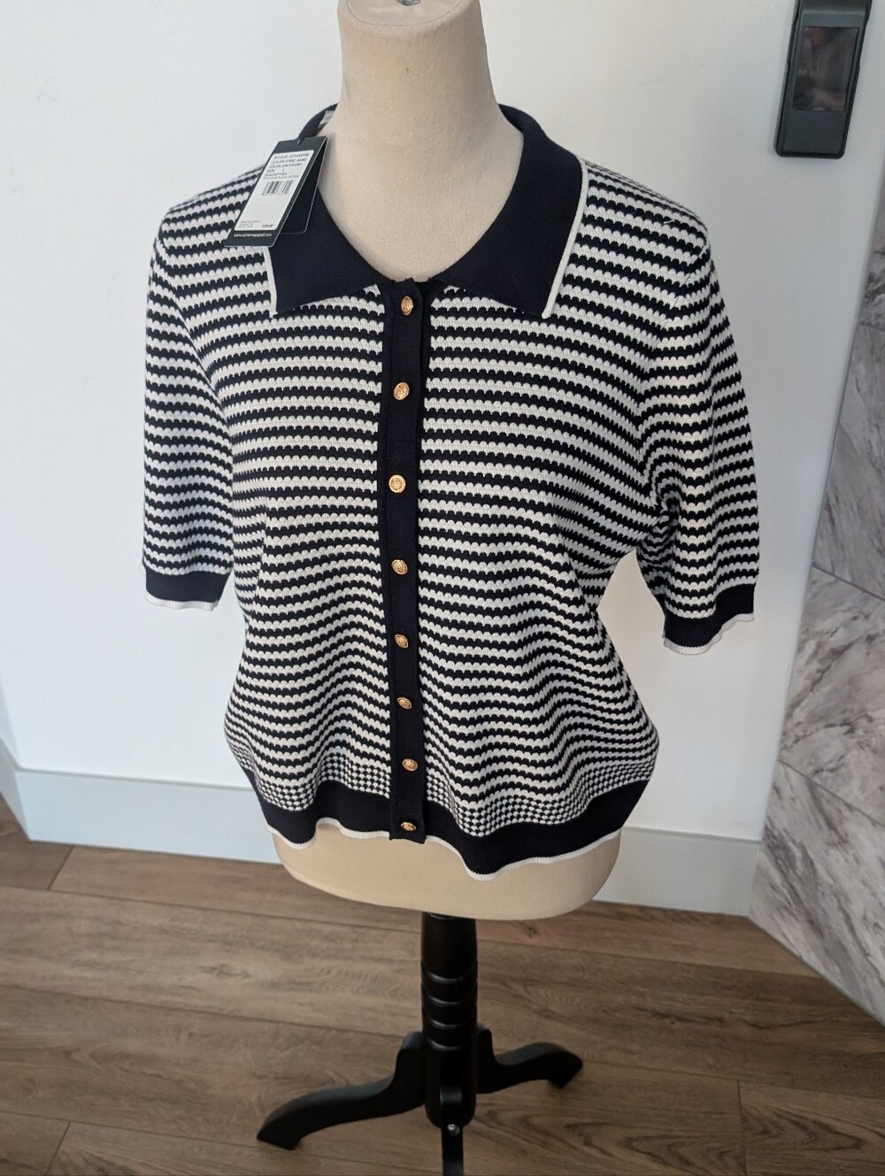 Adrianna Papell Navy and Ivory Striped Short Sleeve Cardigan - Picture 11 of 11